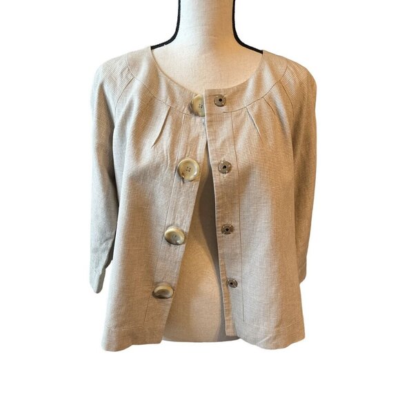 Michael Michael Kors Linen Blazer Cotton Jacket Cream Houndstooth Snap Buttons - Picture 4 of 6